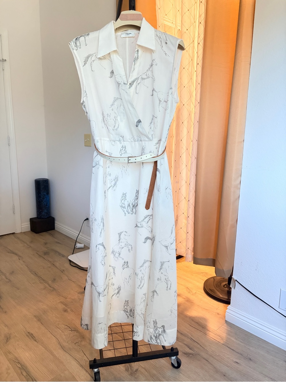Sleeveless Cream Shirt Dress with Subtle Gray Print, Belt is not included